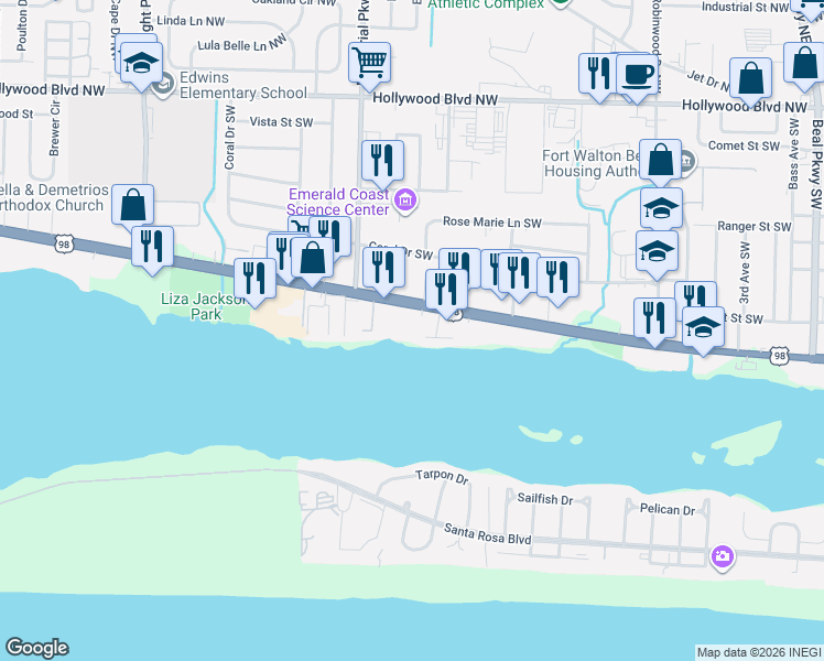 map of restaurants, bars, coffee shops, grocery stores, and more near 253 U.S. 98 in Fort Walton Beach