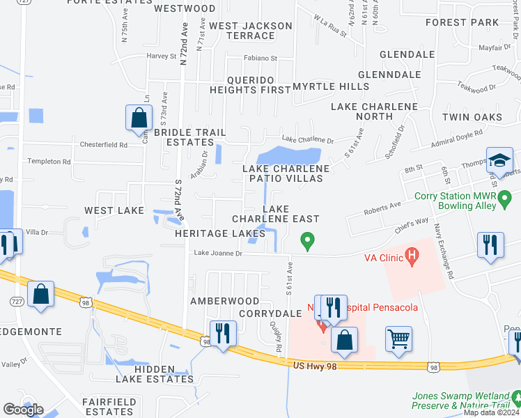 map of restaurants, bars, coffee shops, grocery stores, and more near 406 Bunker Hill Drive in Pensacola