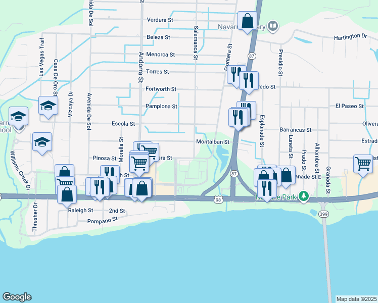 map of restaurants, bars, coffee shops, grocery stores, and more near 1947 Salamanca Street in Navarre