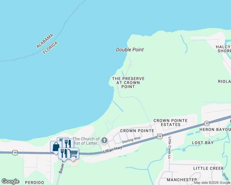 map of restaurants, bars, coffee shops, grocery stores, and more near 1973 Crown Pointe Boulevard in Pensacola