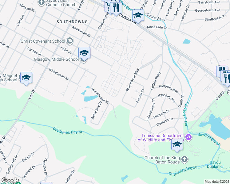 map of restaurants, bars, coffee shops, grocery stores, and more near 1623 Woodchase Boulevard in Baton Rouge