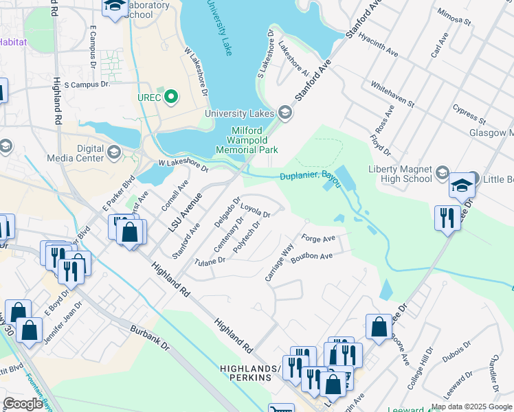 map of restaurants, bars, coffee shops, grocery stores, and more near 4739 Loyola Drive in Baton Rouge