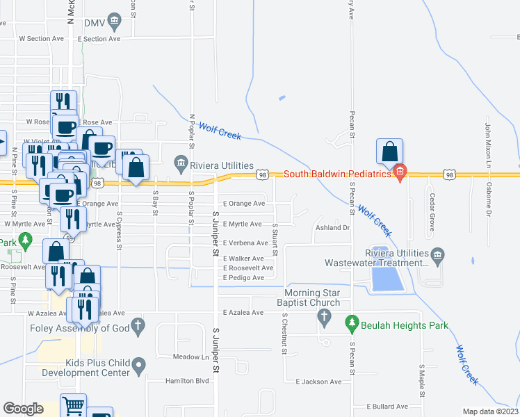 map of restaurants, bars, coffee shops, grocery stores, and more near 622 East Orange Avenue in Foley