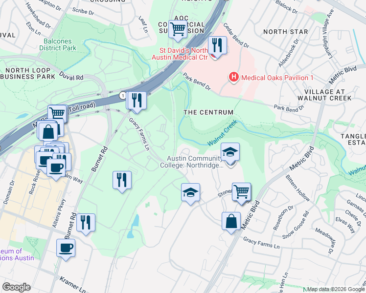 map of restaurants, bars, coffee shops, grocery stores, and more near 2600 Gracy Farms Lane in Austin