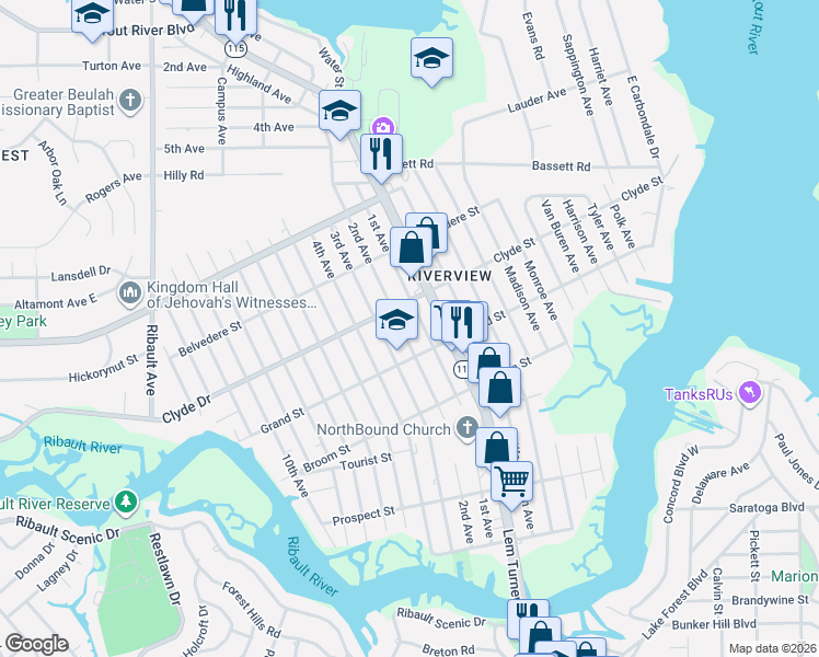 map of restaurants, bars, coffee shops, grocery stores, and more near 9062 1st Avenue in Jacksonville