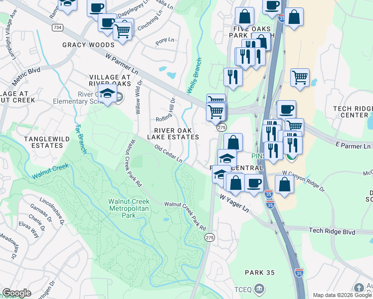map of restaurants, bars, coffee shops, grocery stores, and more near 12307 Blue Water Drive in Austin