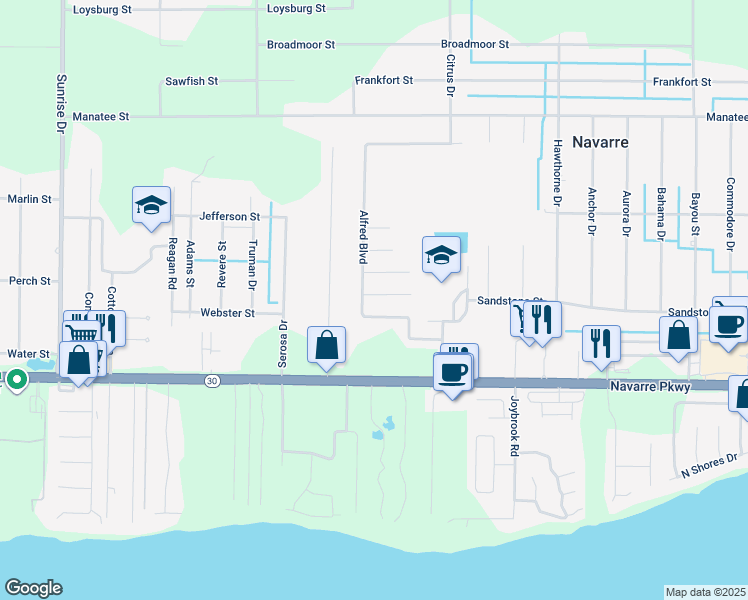 map of restaurants, bars, coffee shops, grocery stores, and more near 7211 Antoinette Circle in Navarre