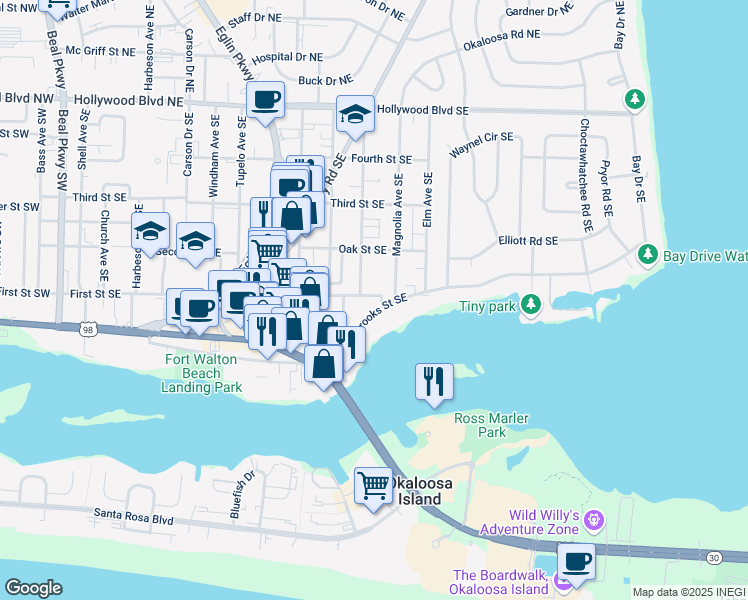 map of restaurants, bars, coffee shops, grocery stores, and more near 218 First Street Southeast in Fort Walton Beach