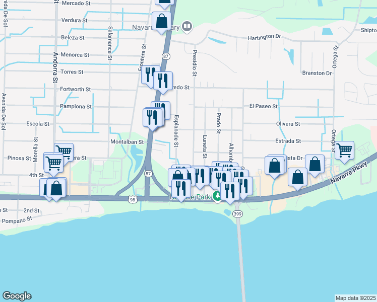 map of restaurants, bars, coffee shops, grocery stores, and more near 1917 Presidio Street in Navarre