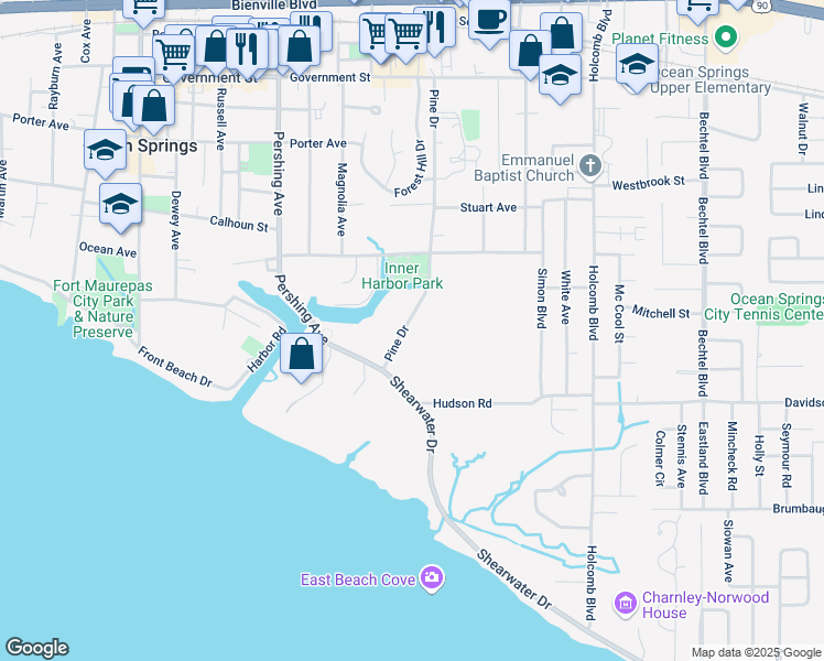 map of restaurants, bars, coffee shops, grocery stores, and more near 207 Shearwater Dr in Ocean Springs