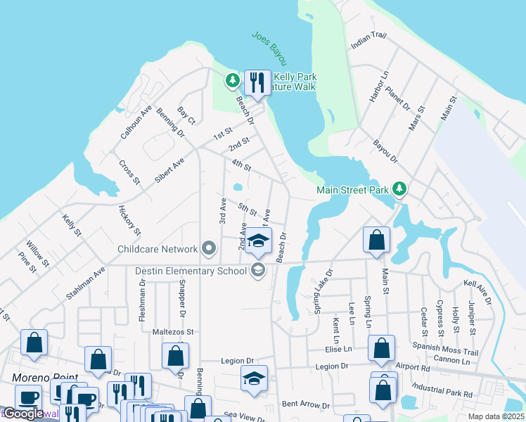 map of restaurants, bars, coffee shops, grocery stores, and more near 601 1st Avenue in Destin