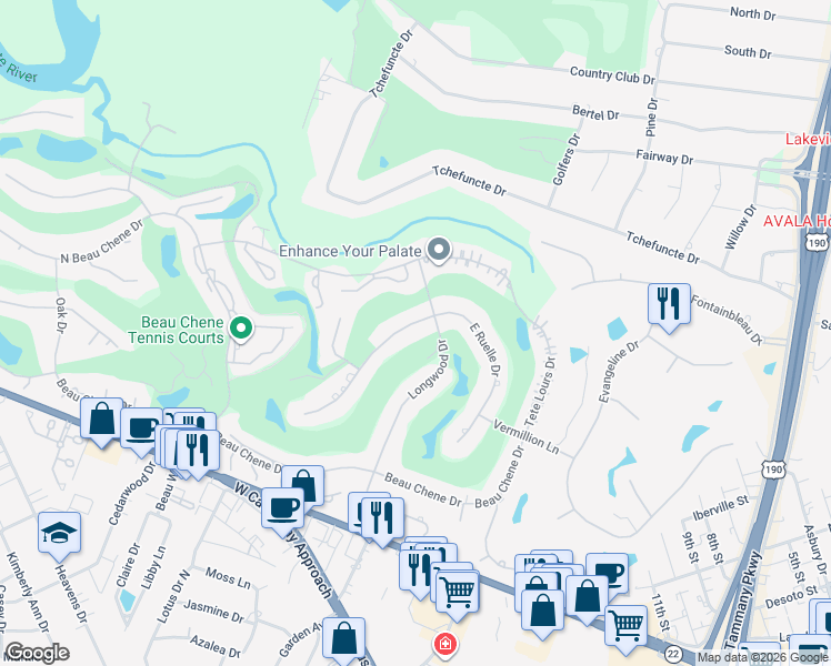 map of restaurants, bars, coffee shops, grocery stores, and more near 105 West Ruelle Drive in Mandeville