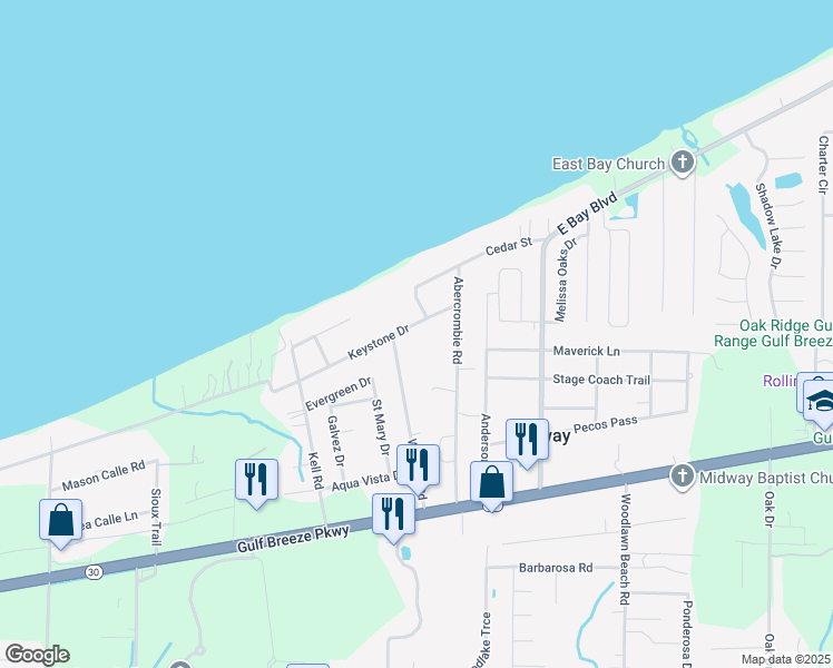 map of restaurants, bars, coffee shops, grocery stores, and more near 5107 Keystone Drive in Gulf Breeze