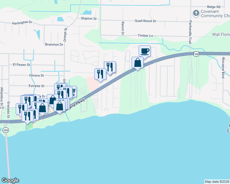 map of restaurants, bars, coffee shops, grocery stores, and more near 1936 Catamaran Drive in Navarre