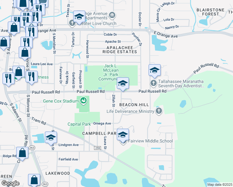 map of restaurants, bars, coffee shops, grocery stores, and more near 3205 Zillah Street in Tallahassee