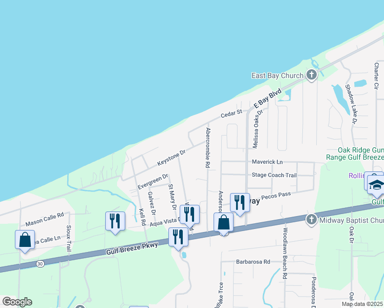 map of restaurants, bars, coffee shops, grocery stores, and more near 5107 Keystone Drive in Gulf Breeze