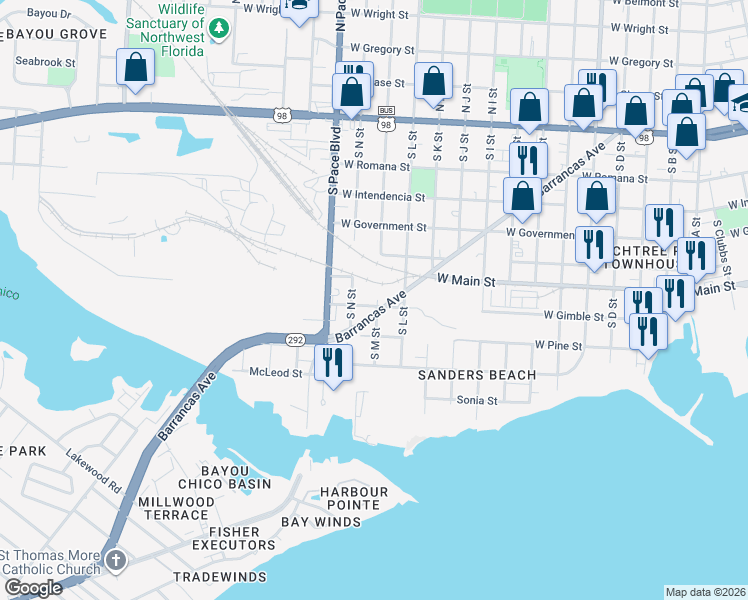 map of restaurants, bars, coffee shops, grocery stores, and more near 1828 West Gimble Street in Pensacola