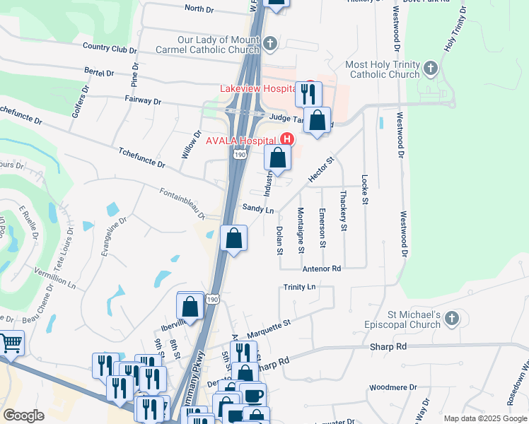 map of restaurants, bars, coffee shops, grocery stores, and more near 2681 North Causeway Boulevard in Mandeville