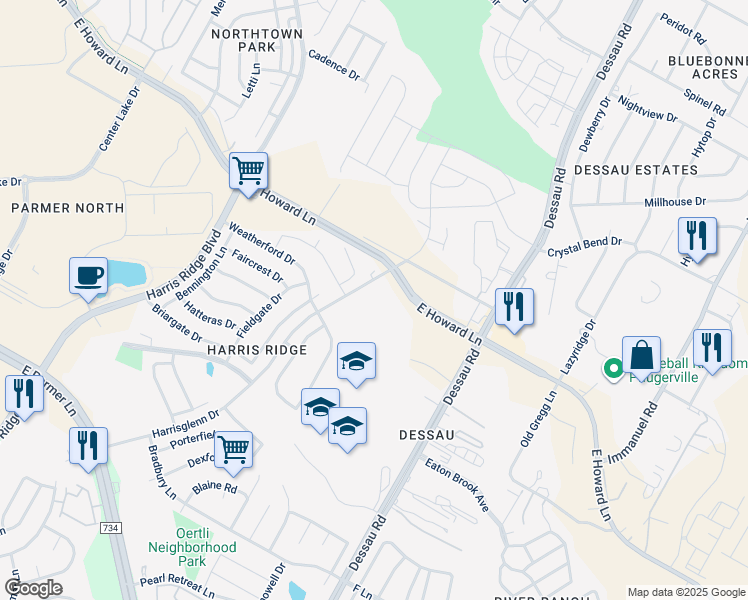 map of restaurants, bars, coffee shops, grocery stores, and more near East Howard Lane in Austin