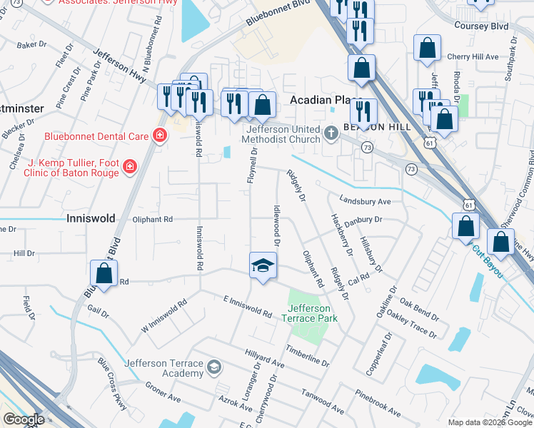 map of restaurants, bars, coffee shops, grocery stores, and more near 10027 Oliphant Road in Baton Rouge
