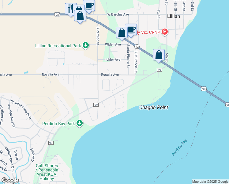 map of restaurants, bars, coffee shops, grocery stores, and more near 12413 County Road 99 in Lillian