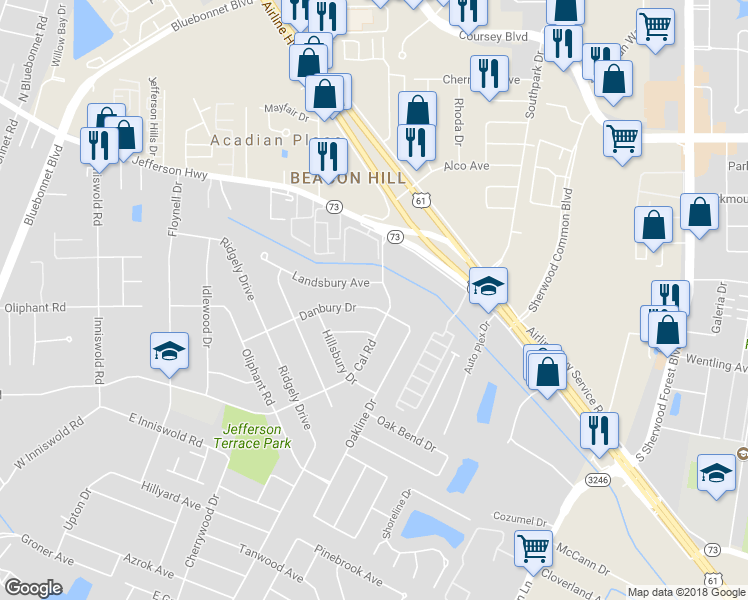 map of restaurants, bars, coffee shops, grocery stores, and more near 10829 Danbury Drive in Baton Rouge