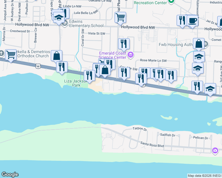 map of restaurants, bars, coffee shops, grocery stores, and more near 308 Miracle Strip Parkway Southwest in Fort Walton Beach