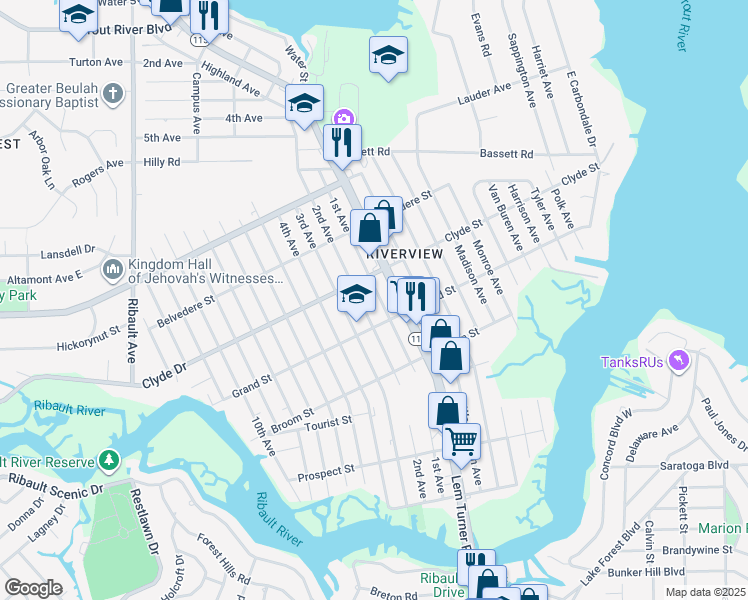 map of restaurants, bars, coffee shops, grocery stores, and more near 9062 1st Ave in Jacksonville