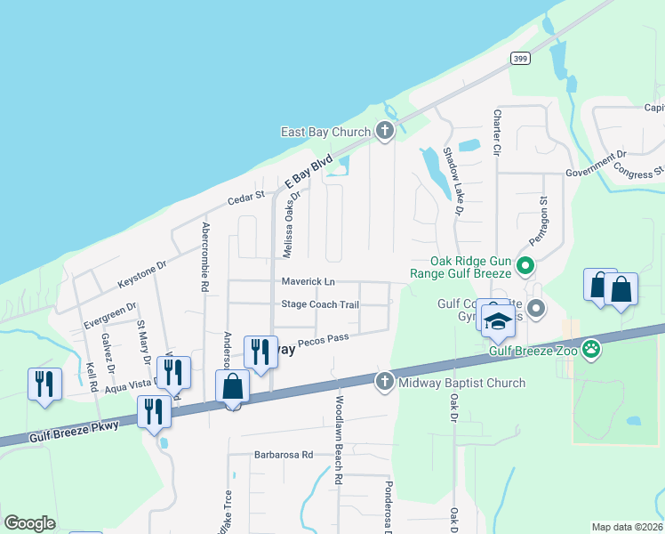 map of restaurants, bars, coffee shops, grocery stores, and more near 1832 Bay Pine Circle in Gulf Breeze