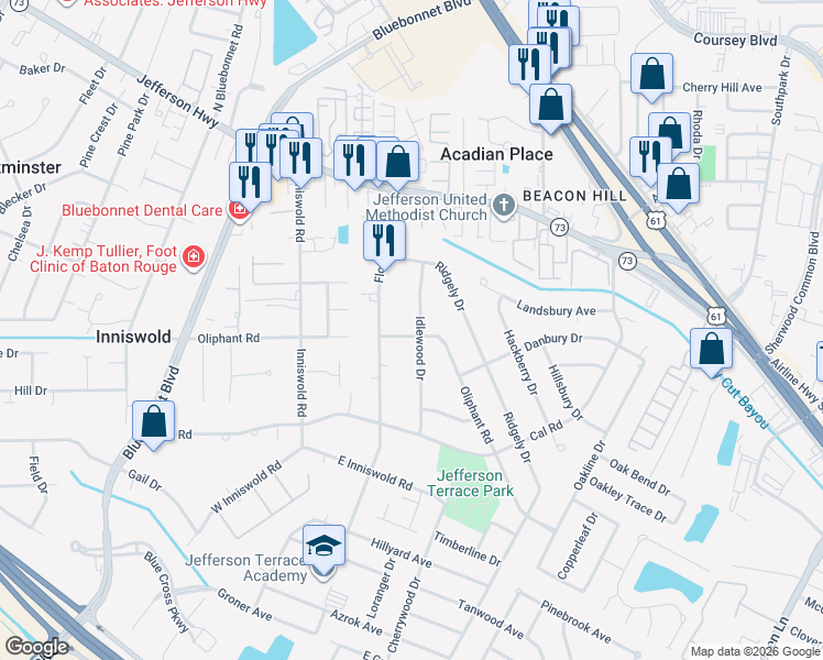 map of restaurants, bars, coffee shops, grocery stores, and more near 10027 Oliphant Road in Baton Rouge