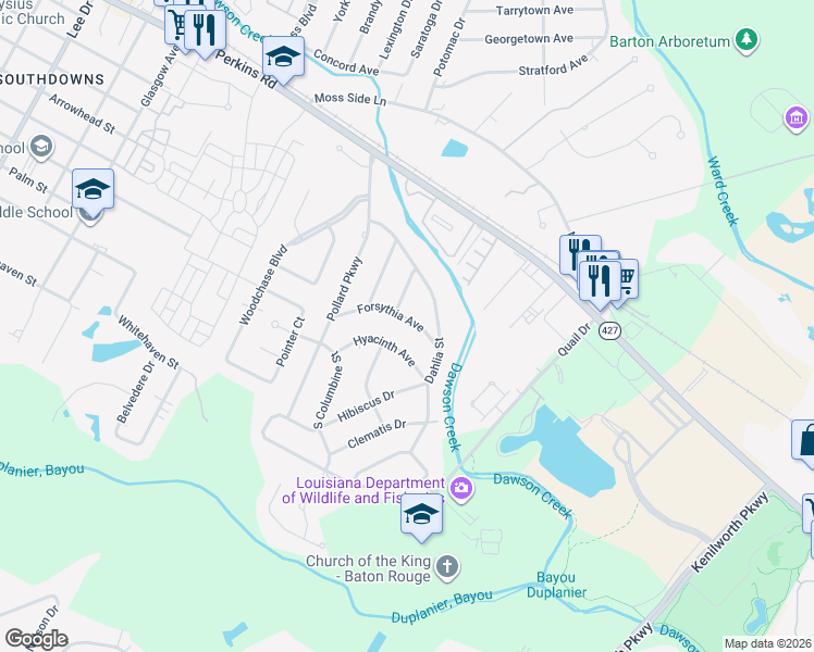 map of restaurants, bars, coffee shops, grocery stores, and more near 5874 Forsythia Avenue in Baton Rouge