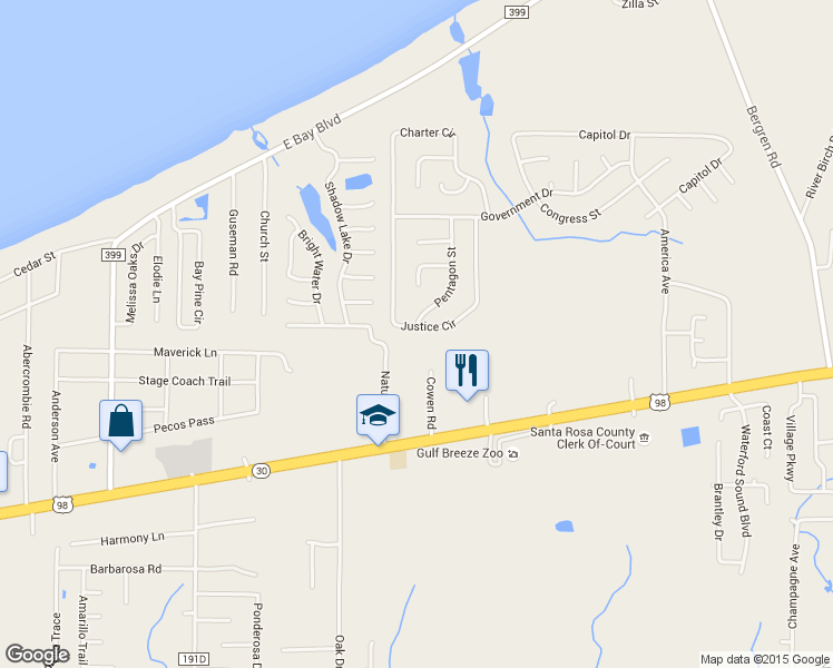 map of restaurants, bars, coffee shops, grocery stores, and more near 1914 Justice Circle in Gulf Breeze
