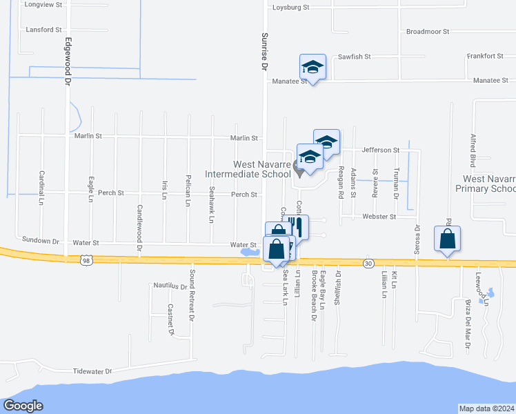 map of restaurants, bars, coffee shops, grocery stores, and more near 1861 Sunrise Drive in Navarre