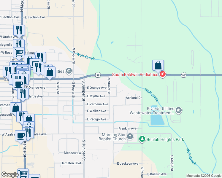 map of restaurants, bars, coffee shops, grocery stores, and more near 200 Myrtle Ct in Foley