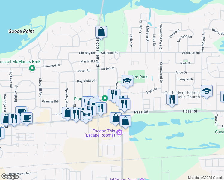 map of restaurants, bars, coffee shops, grocery stores, and more near 358 Bells Ferry Drive in Biloxi