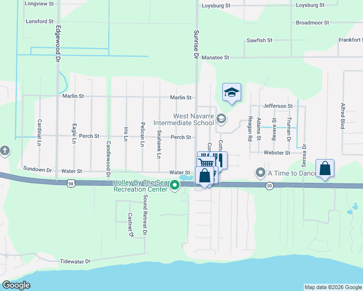 map of restaurants, bars, coffee shops, grocery stores, and more near 1860 Sparrow Lane in Navarre