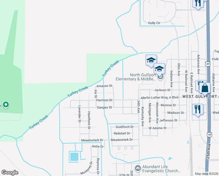 map of restaurants, bars, coffee shops, grocery stores, and more near 3711 Amazon Street in Gulfport