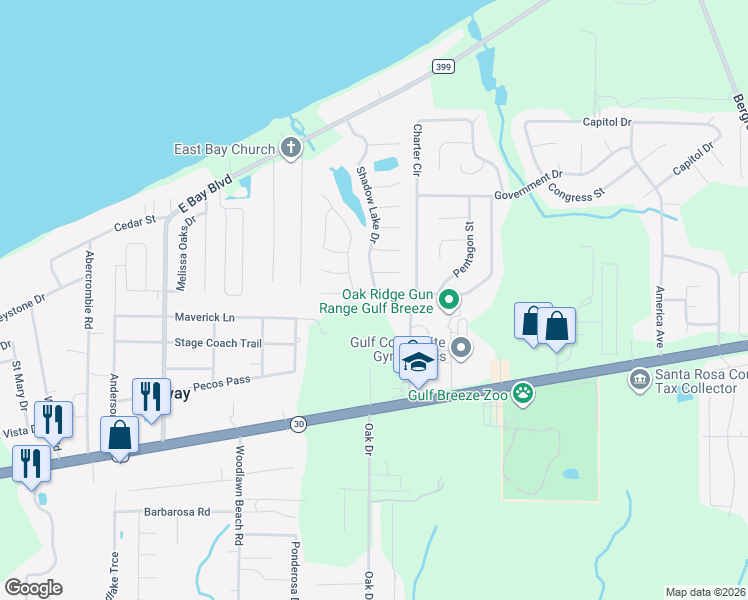 map of restaurants, bars, coffee shops, grocery stores, and more near 5561 Fawn Ridge Drive in Gulf Breeze