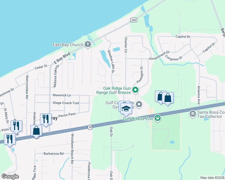 map of restaurants, bars, coffee shops, grocery stores, and more near 5561 Fawn Ridge Drive in Gulf Breeze
