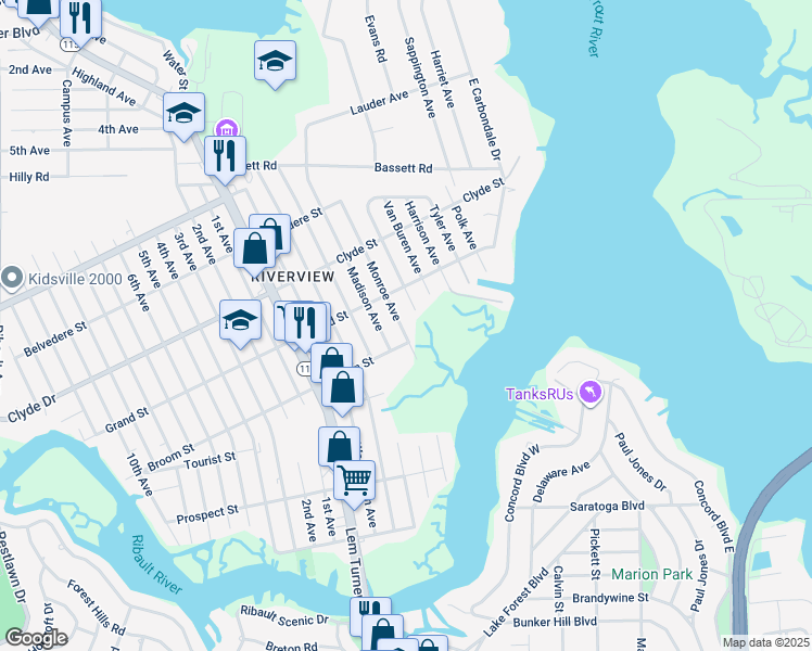 map of restaurants, bars, coffee shops, grocery stores, and more near 8925 Monroe Avenue in Jacksonville