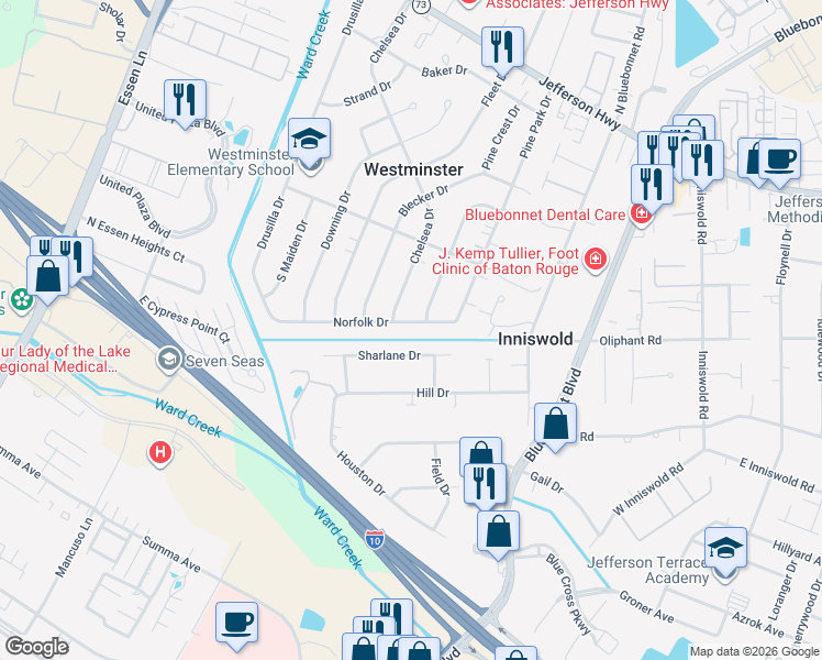 map of restaurants, bars, coffee shops, grocery stores, and more near 8918 Norfolk Drive in Baton Rouge