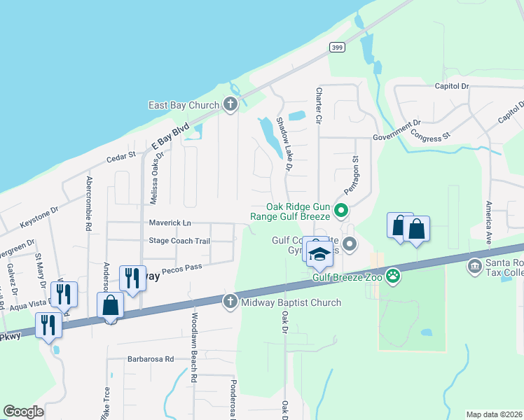map of restaurants, bars, coffee shops, grocery stores, and more near 5417 Fawn Ridge Drive in Gulf Breeze