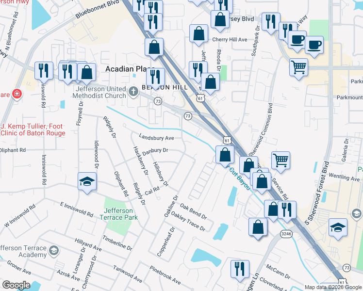 map of restaurants, bars, coffee shops, grocery stores, and more near 10829 Danbury Drive in Baton Rouge