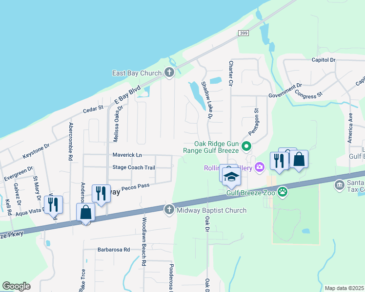 map of restaurants, bars, coffee shops, grocery stores, and more near 5393 Fawn Ridge Drive in Gulf Breeze
