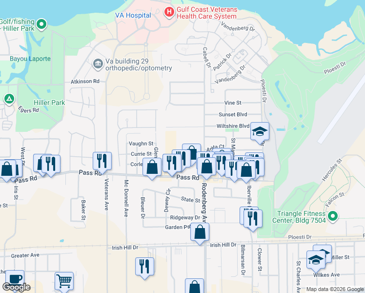 map of restaurants, bars, coffee shops, grocery stores, and more near 1718 Pass Road in Biloxi