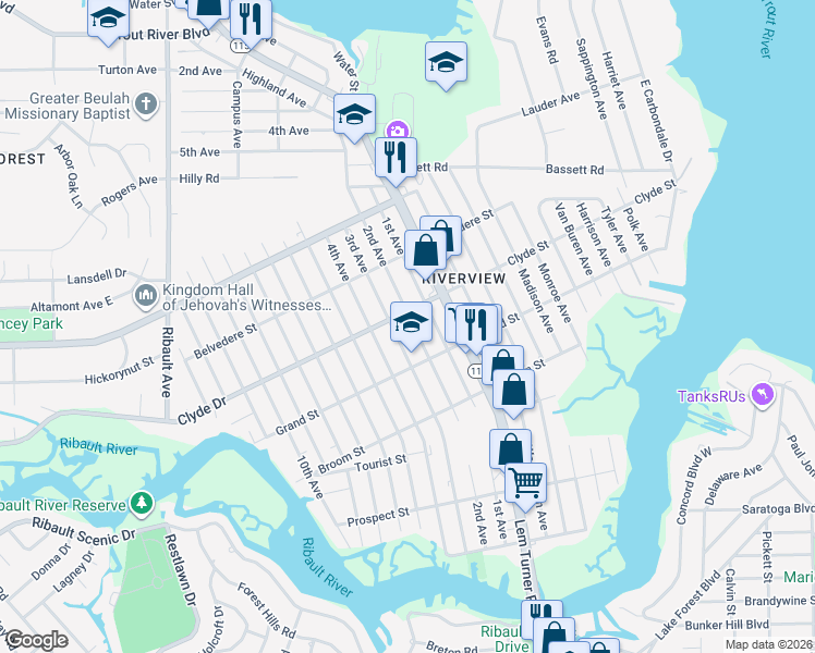 map of restaurants, bars, coffee shops, grocery stores, and more near 9060 3rd Avenue in Jacksonville