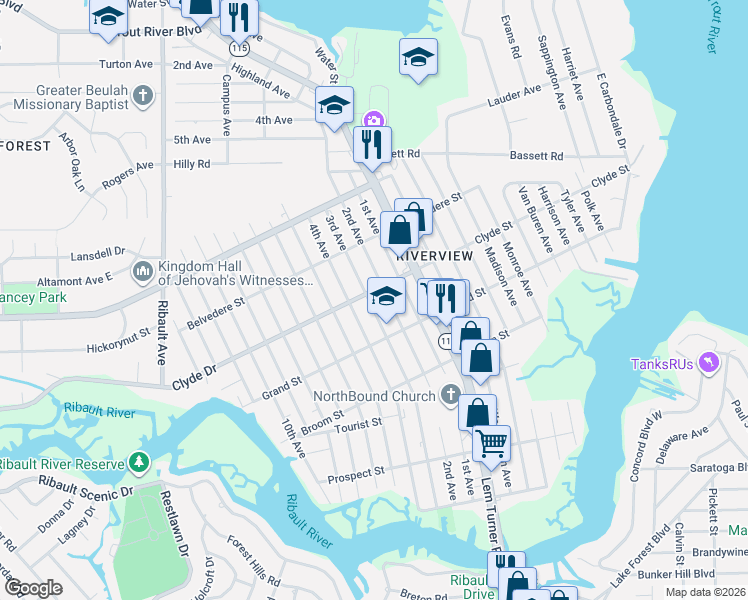 map of restaurants, bars, coffee shops, grocery stores, and more near 9060 3rd Avenue in Jacksonville
