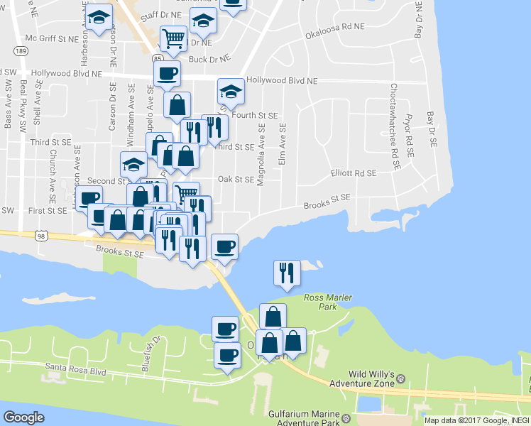 map of restaurants, bars, coffee shops, grocery stores, and more near 272 Brooks Street Southeast in Fort Walton Beach