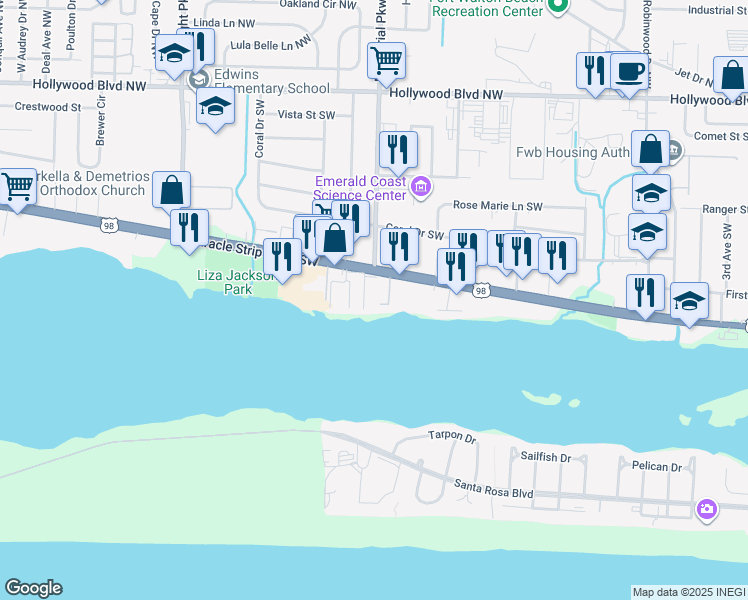 map of restaurants, bars, coffee shops, grocery stores, and more near 300 Miracle Strip Parkway Southwest in Fort Walton Beach