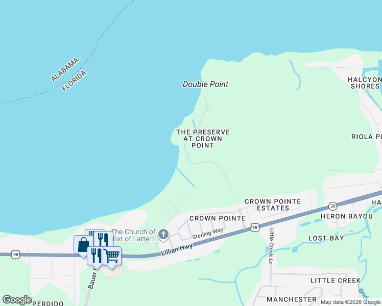 map of restaurants, bars, coffee shops, grocery stores, and more near 1973 Crown Pointe Boulevard in Pensacola
